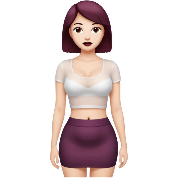 Sexy Mini skirt very short.  Her boobs are very large.  She is wearing a white half T-shirt that shows her belly button.  The shirt is tight and see-thru emoji