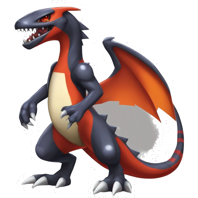 Black, Red, Orange, Beige, Modern, Cool, Edgy, Badass Punk-style Garchomp-Charmeleon-Sergal Fakémon-Digimon with sharp edgy striking detailed stripe-markings,  full body emoji
