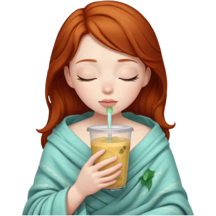 dark ginger haired girl with pale skin, wrapped in a blanket, sipping boba, eyes closed emoji