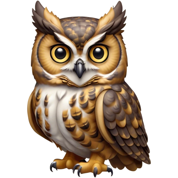 Cinematic Cute Great Horned Owl Portrait Emoji, Head tilted playfully and inquisitively, featuring a lush mottled Fur with intricate patterns of gray and white, round, sparkling golden eyes filled with curious wonder, Simplified yet irresistibly adorable features, highly detailed, glowing with a warm, friendly glow, high shine, affectionate and wise, stylized with a touch of nocturnal whimsy, bright and endearing, soft glowing outline, capturing the essence of a mischievous yet loving owl, so playful it feels like it could glide out of the screen and perch in your arms! emoji