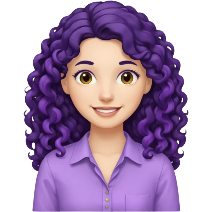 mujer blanca con cabello largo rizado negro sonriendo con camisa lila emoji