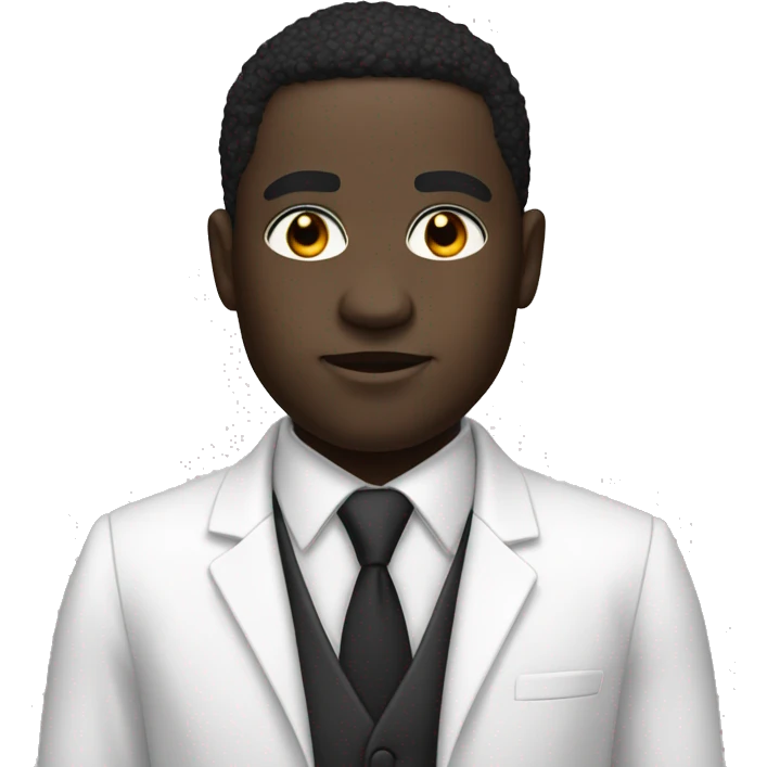 Create a black man with cut in his eyebrow with big black eyes and white suit all white suit  emoji