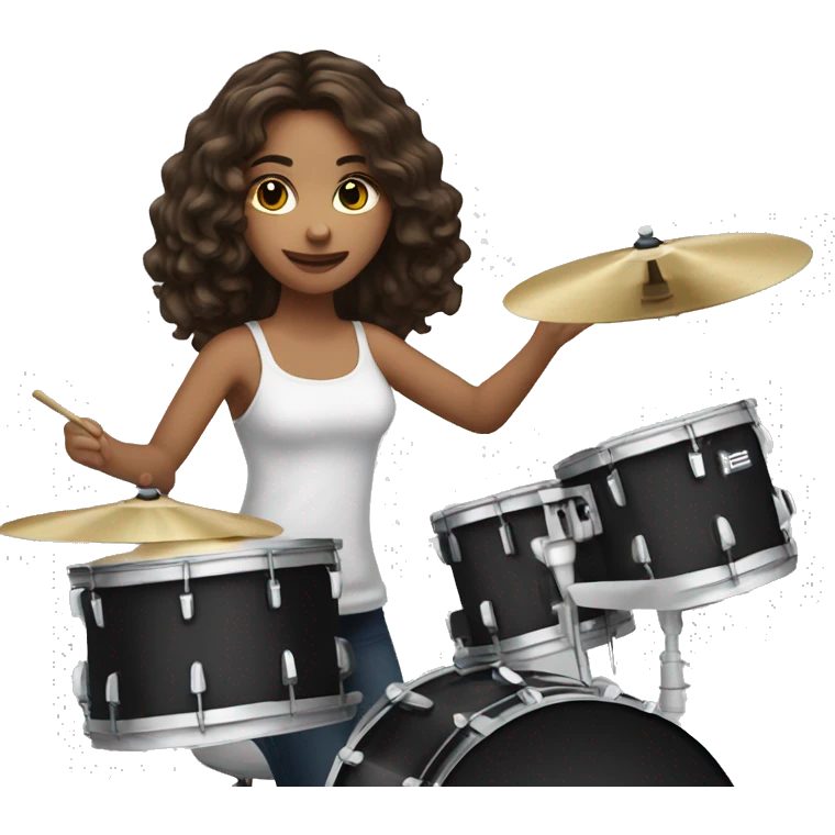 A light-skinned brunette is playing on a drum set emoji