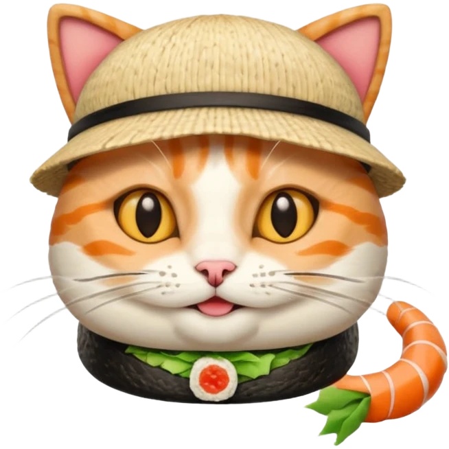 happy cat wearing a hat made out of sushi emoji