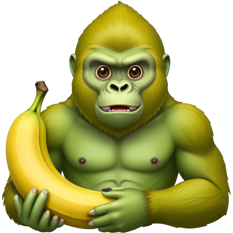 A ripe yellow banana with the head of a bright green gorilla with a fierce expression emoji