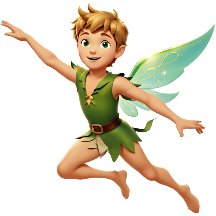 cinematic-realistic-peter-pan-portrait, head tilted dramatically with an exaggeratedly amused expression and sparkling eyes brimming with playful mischief, his iconic outfit rendered in vivid detail with dynamic shadows, soaring through the air. Flying right Next to him is a glowing Tinker Bell, whose delicate wings leave a trail of shimmering pixie dust across a whimsical sky. emoji