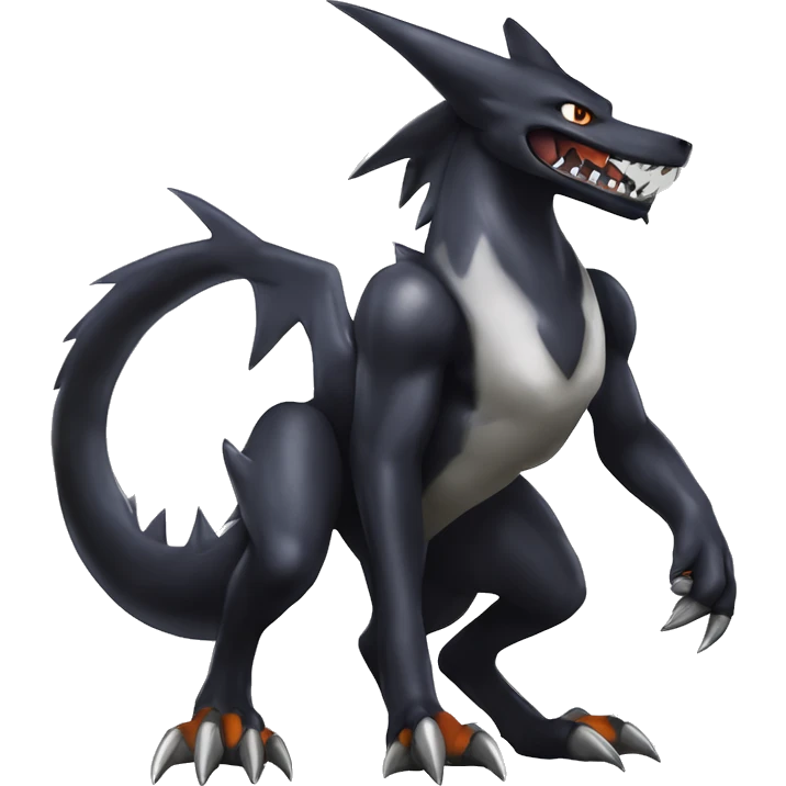 Black, Cool, Edgy, Nargacuga-Garchomp-Houndoom-Sergal Fakémon-Digimon with sharp markings,  full body emoji