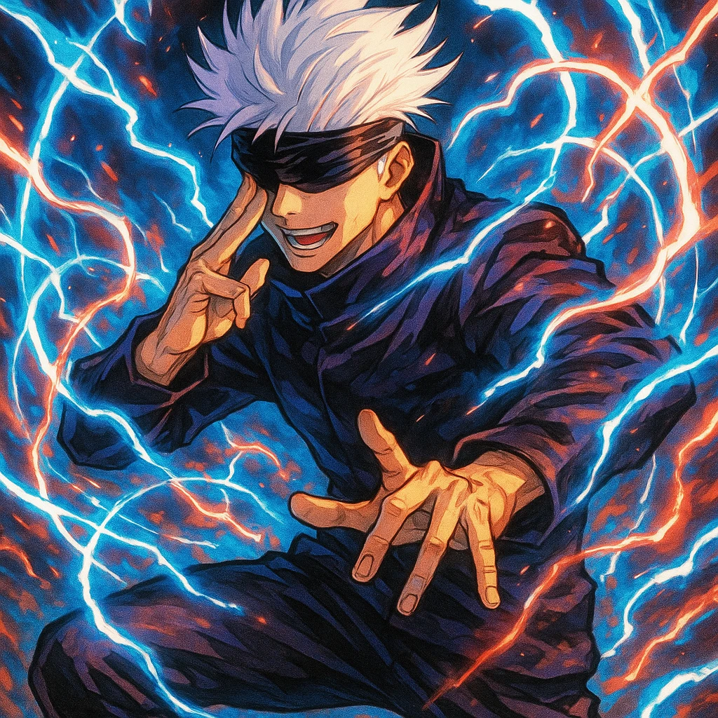 Gojo Satoru, using infinity technique, dynamic energy, anime style emoji