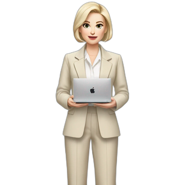 pale skin woman with ash blonde Straightened bob Hair, White Spacious classical jacket, beige palazzo Arrow pants and gray blouse holding a MacBook in the hands emoji