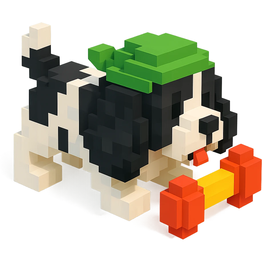 A black and white Russian Cocker Spaniel puppy wearing a green durag, voxel style, playing with a toy emoji