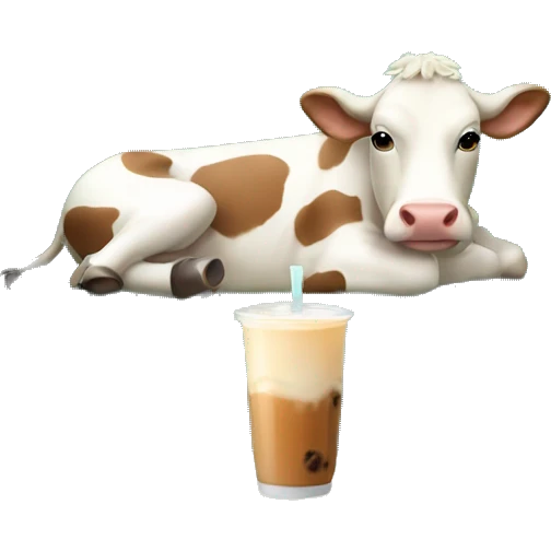 a little cow laying in a sofa, drinking milk tea emoji
