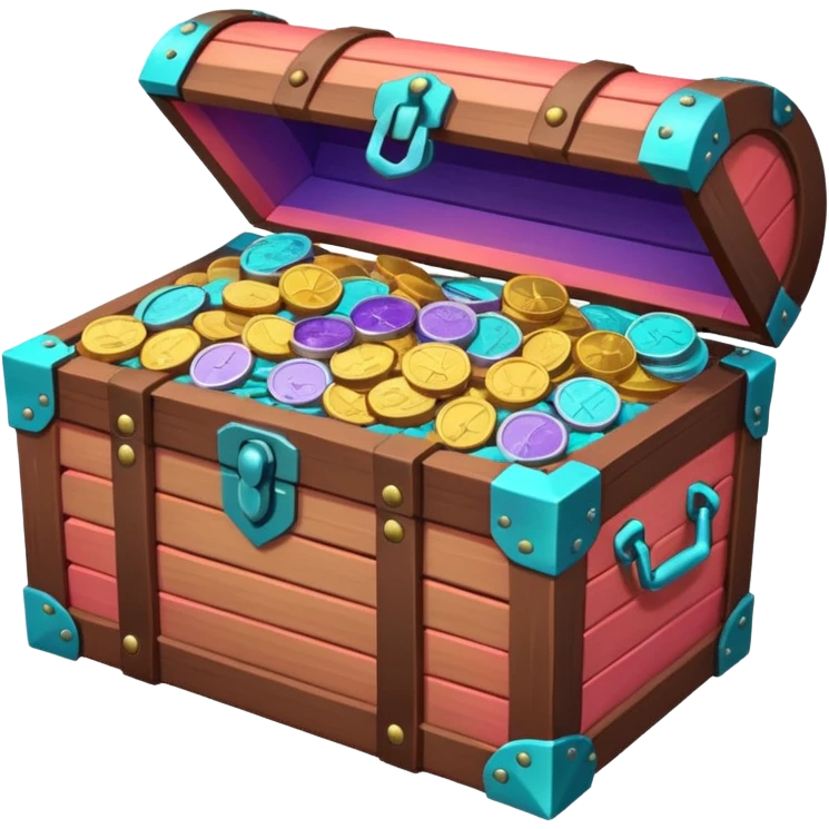 wooden brown treasure chest filled with  coins 
Change coins color in in gradient of turquoise, blue, pink, purple, and coral emoji