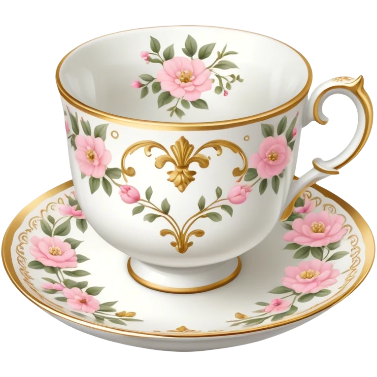 White teacup with baby pink floral antique print with gold accents  emoji