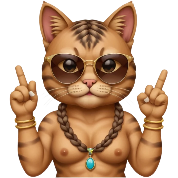 Bodybuilder cat with braids wearing sunglasses with high expressions on face like stoned and showing middle finger and cigar in mouth  emoji