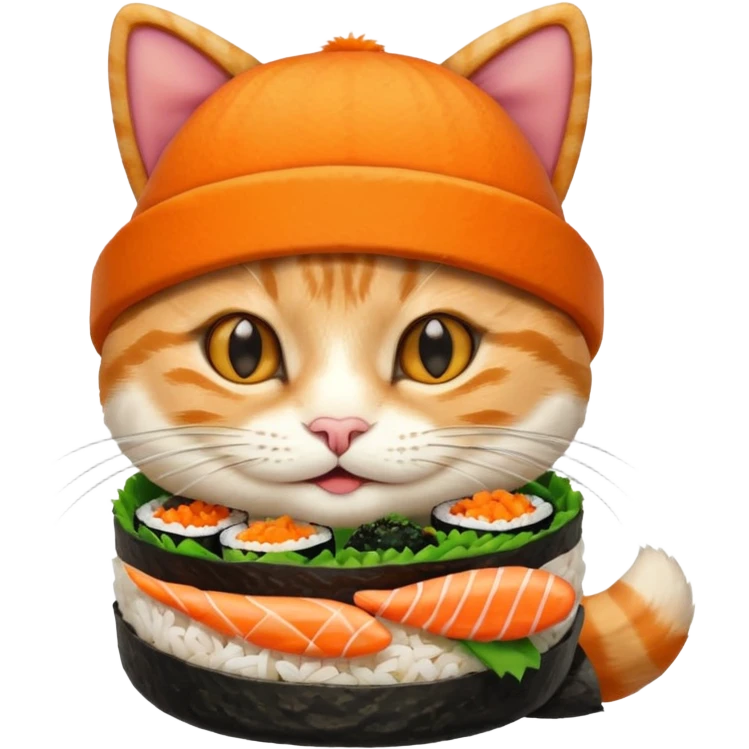 happy cat wearing a hat made out of sushi emoji