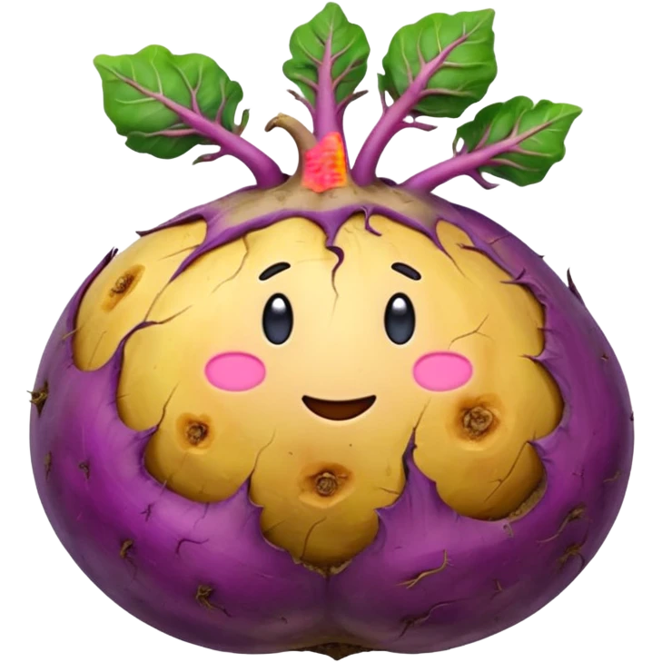 whole rutabaga root, rounded bulbous shape, rough textured skin, mottled purple beige yellow tones, trimmed stem remnants, faint root hairs, fresh earthy, soft lighting, subtle shadows, emoji scale, transparent background emoji