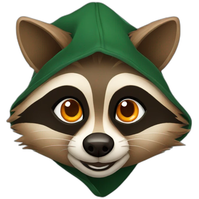 brown raccoon with orange eyes and a dark green hood that smile emoji