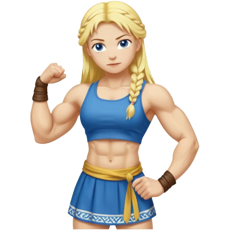 slavic girl, medium size yellow hair, flexing muscles, full body, muscled, with traditional slavic outfit, blue eyes emoji