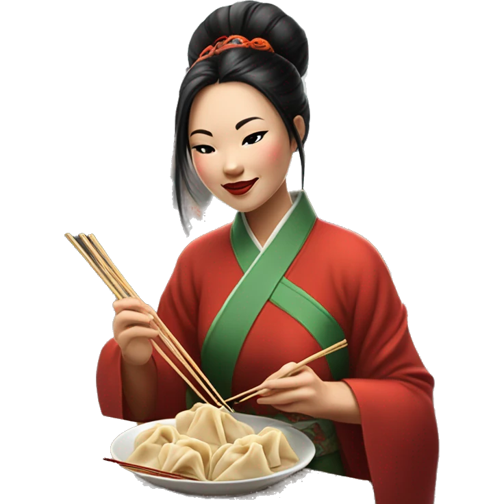 chinese woman eating dumplings in front of street market with extra long chopsticks and in traditional chinese dress emoji
