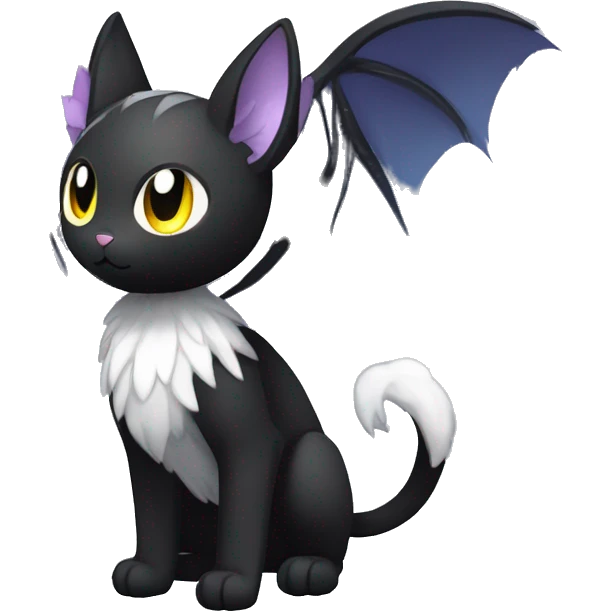 Shiny Shy Cool Black beautiful fantasy Kawaii Ethereal Sona Fakemon-cat-animal with edgy bat-wings-ears Full Body emoji