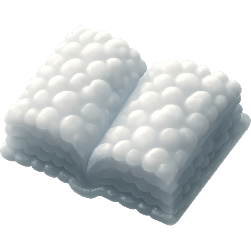 top view of a thick open book made entirely of small, very bright white fluffy convex clouds, matte glass style, no background emoji