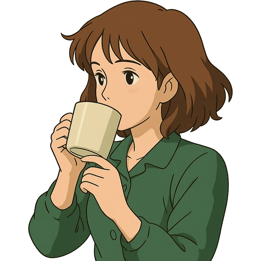ghibli style brown-haired woman drinking coffee, no background emoji