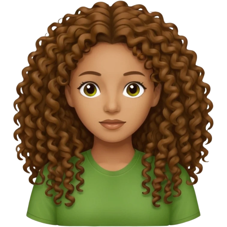 Melanie Brown with long brown curly hair, green shirt emoji