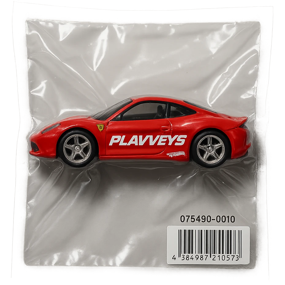 red Ferrari Hot Wheels car in packaging, 'PLAVLEYS' in italic racing font on the side, glossy and puffy vacuum-sealed style emoji