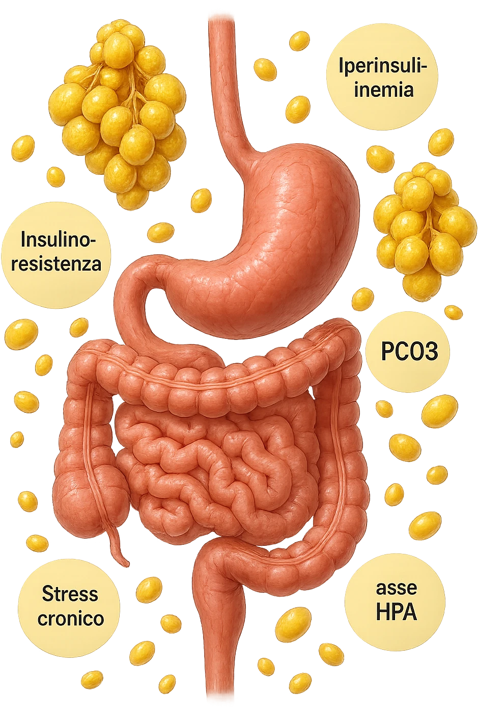 STOMACO E INTESTINO SONO VERTICALMENTE COLLEGATI E INTORNO A QUESTI ORGANI CI SONO CELLULE DI GRASSO GIALLE ATTACCATE SOPRA A GRAPPOLI, intorno fluttuano cellule di grasso giallo e alcune targhette con queste parole "Iperinsulinemia", "insulino-resistenza", "PCOS", "Stress cronico", "asse HPA", IPERREALISTICO 4K emoji