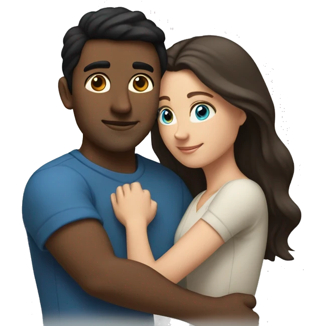 Couple embracing with arms around each other; white woman with blue eyes and brown hair, Indian man with black hair  emoji