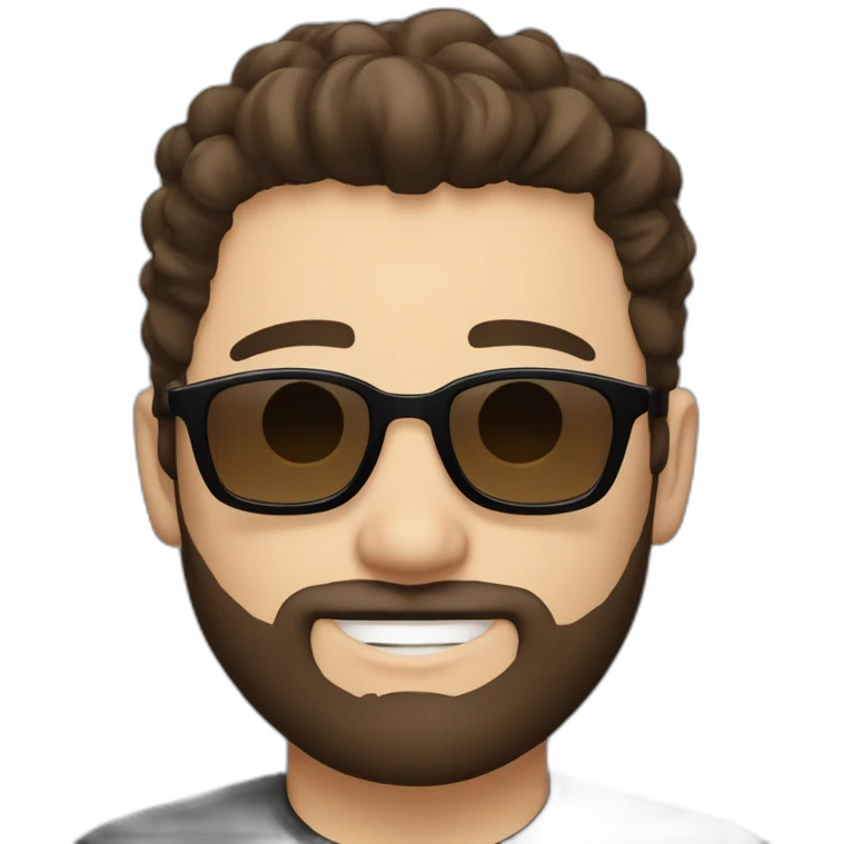 person short dark brown hair, goatee style beard with sunglasses. White background, simple black tshirt. smiling. white skin emoji
