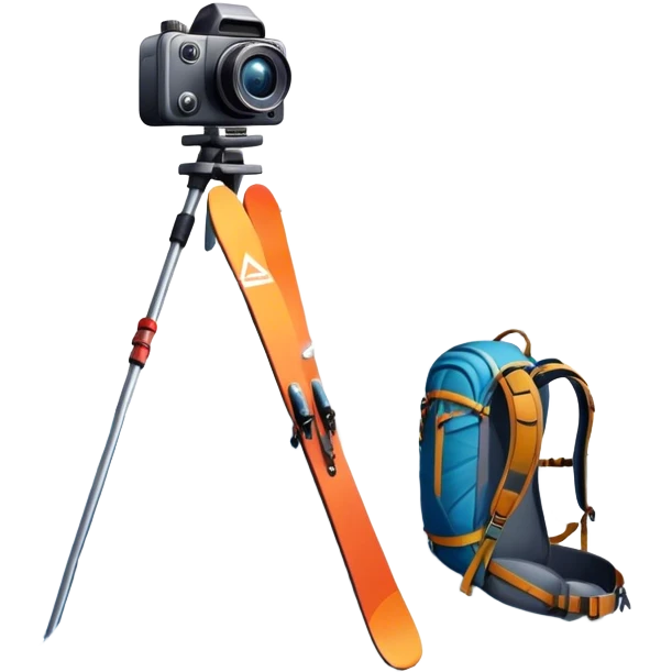Icon for Mountain Tourism: a snowy peak with skis, a snowboard, climbing equipment, a backpack and a camera. The icon should represent the adventure and excitement of mountain travel and outdoor exploration. Transparent background. emoji
