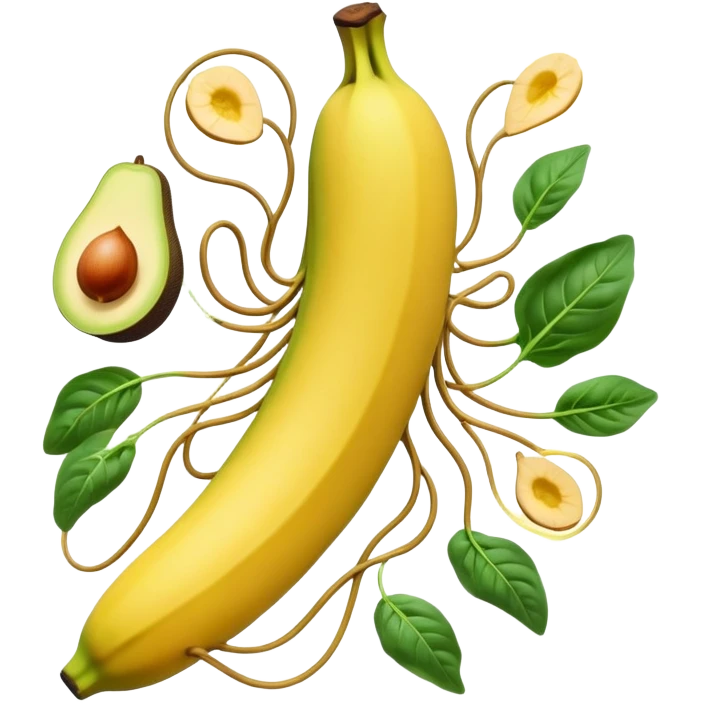 Golden banana, avocado, potatoes and spinach floating around a glowing nervous system and heart. Electrical waves connect these potassium-rich foods to nerves, heart and muscles, showing how potassium supports electrical stability and fluid movement in the body. emoji