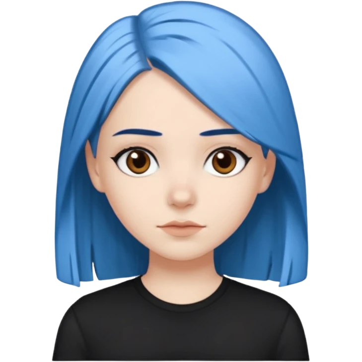 White girl with straight blue hair and brown eyes with black eyebrows emoji