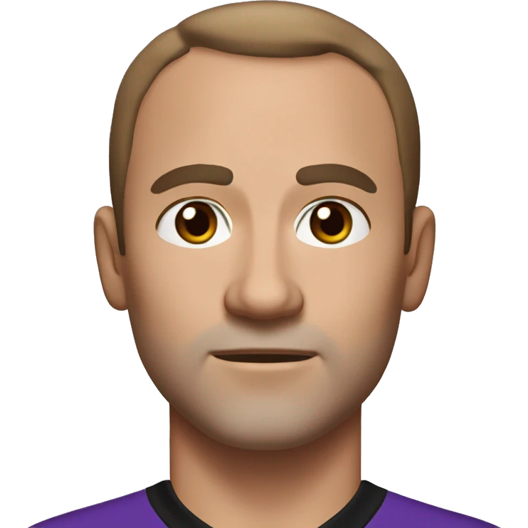 45-year-old man with a slightly round face, very short salt and peper hair with a small central crest and a slightly receding hairline. He has brown eyes, salt and peper stubble, and wears a black and purple soccer jersey. emoji