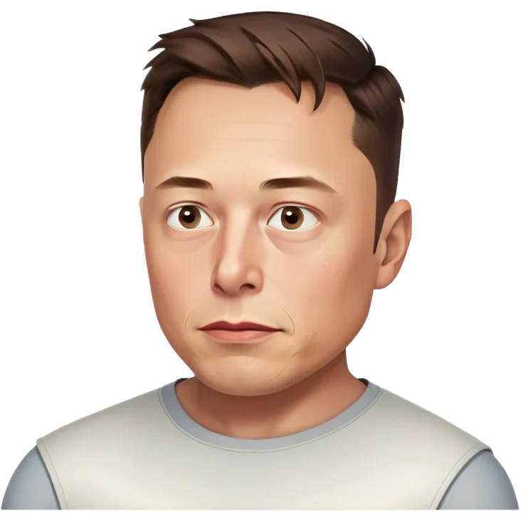 A photorealistic emoji of Elon Musk's head, no neck, slightly turned right, with a concerned expression. Highly detailed, realistic features, smooth shading, and Apple-style lighting. Transparent background emoji