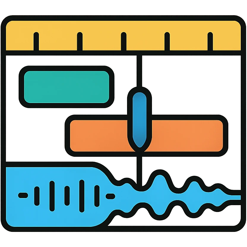Video editing timeline with colored clips, waveform, time markers and scrubbing playhead emoji