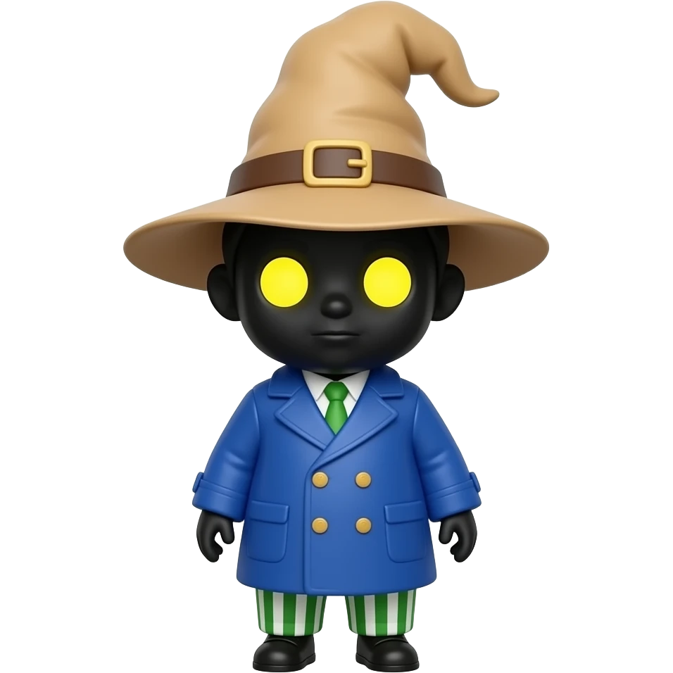 Vivi is a diminutive, doll-like figure defined by a pitch-black face illuminated only by two glowing, circular yellow eyes. He wears a tall, floppy tan wizard’s hat, a bulky blue double-breasted coat, and distinctive green-and-white striped balloon trousers. emoji