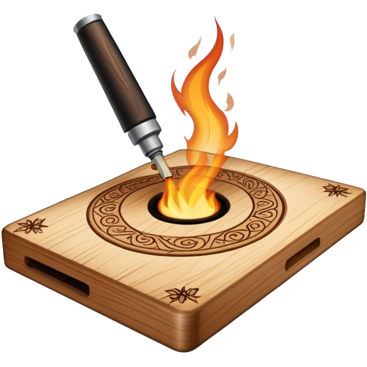 Pyrography icon, wooden board with intricate burn marks, pyrography tool (wood burner) in use, detailed patterns burned into the wood, minimalistic style, clean lines, transparent background. emoji