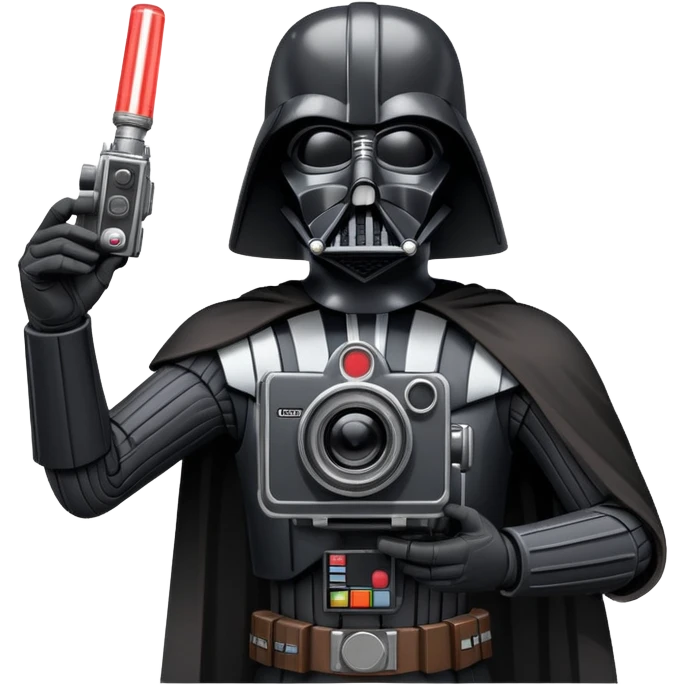 A cel-shaded illustration in the style of Borderlands, featuring Darth Vader holding a retro film camera instead of a lightsaber. Use bright, high contrast and bold outlines. No background, transparent. emoji