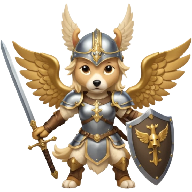 dog freya has sword and shield. she is a valkyrie and has wings. dynamic pose emoji