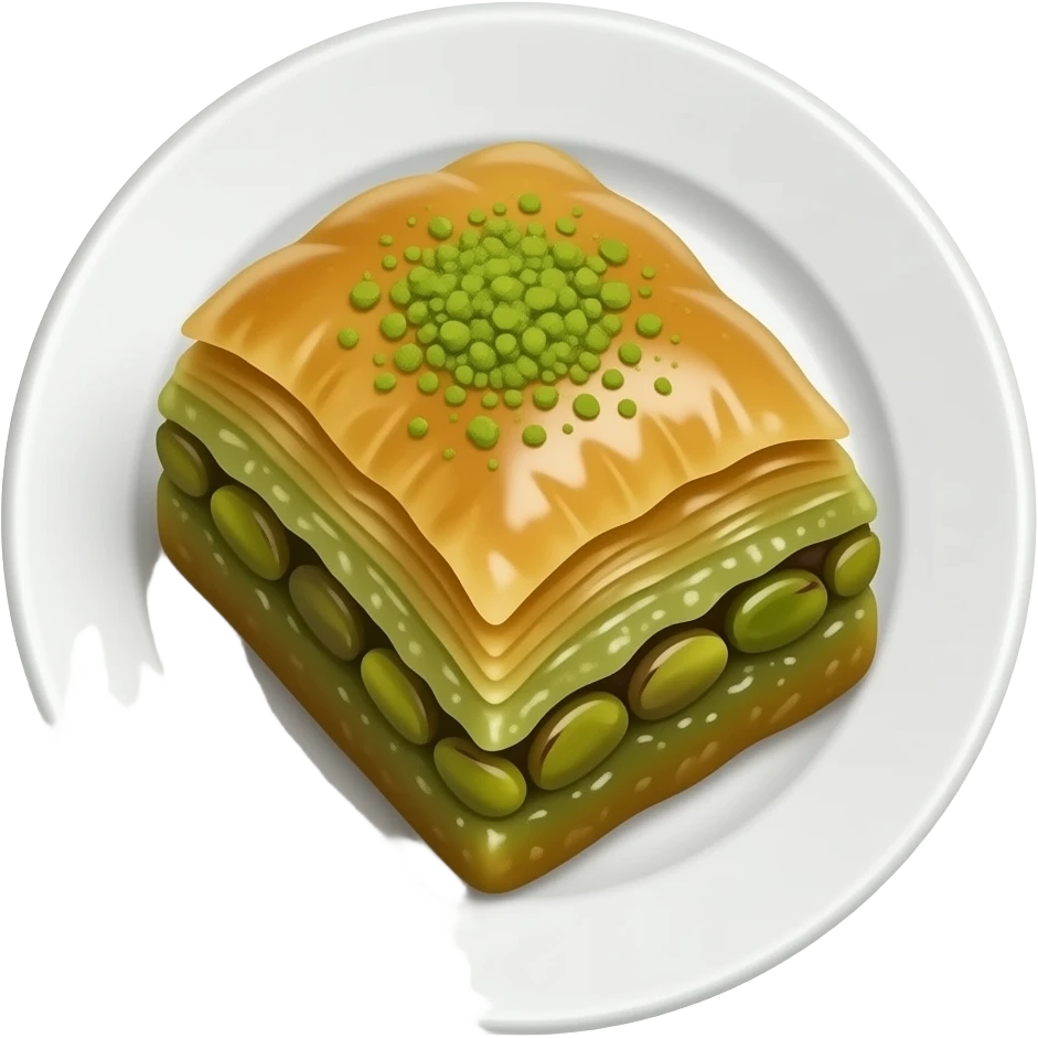 Beyaz sunum tabağına  fıstıklı baklava koy ama gerçekçi olsun emoji