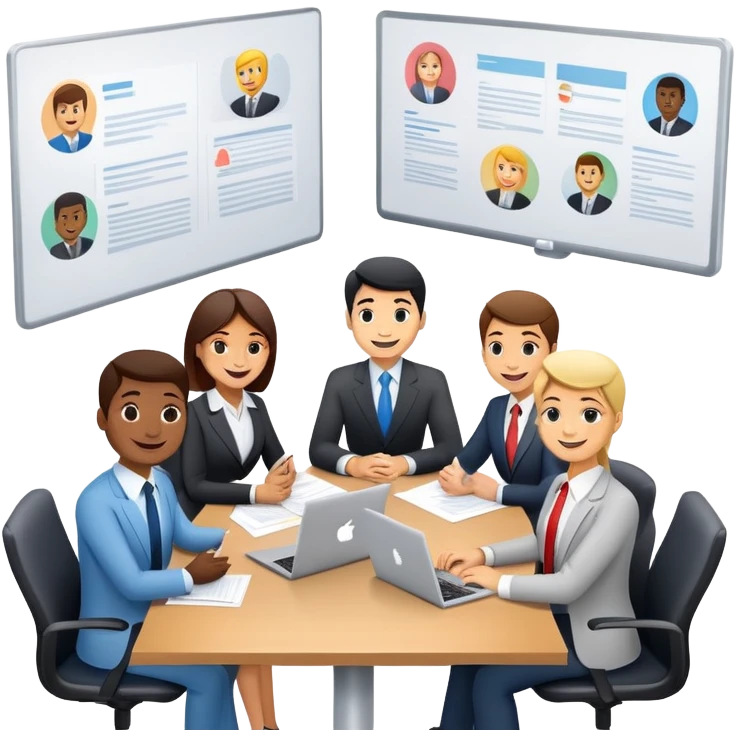 business executives sitting around a conference table with papers and laptops emoji