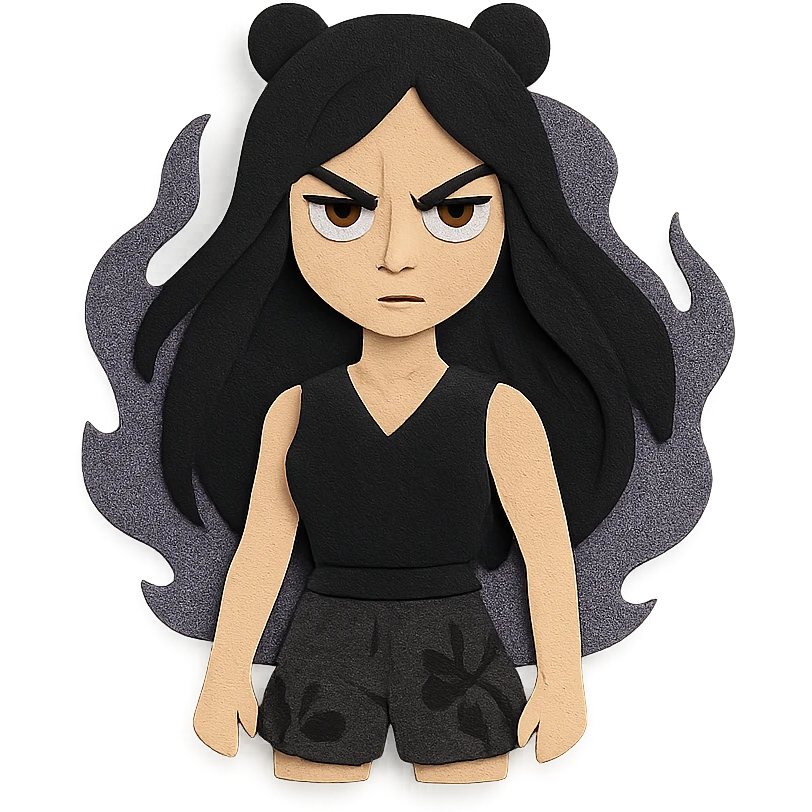 mysterious gothic female fighter with long flowing black hair, sharp intense eyes, small black bear ears, sleeveless black ritual robe top, gray combat shorts with dark floral pattern, quiet but commanding presence, soft dark aura emoji