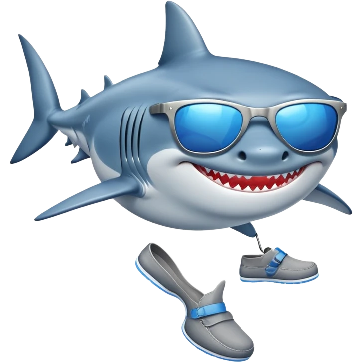 A shark on a beach with blue shoes and sunglasses emoji