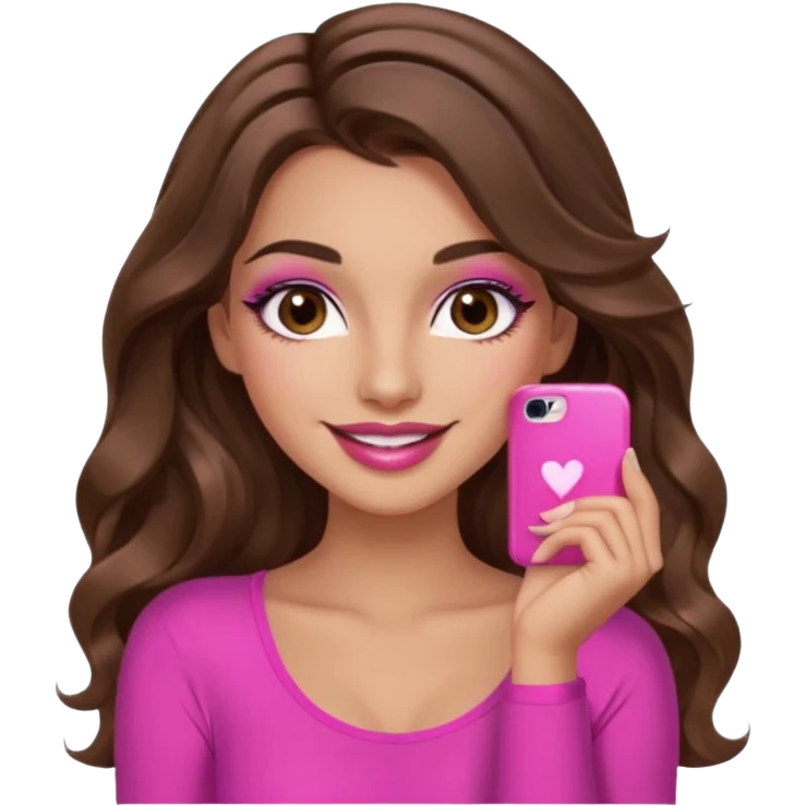 girl with long wavy brown hair, brown eyes, long lashes makeup, sexy pink lips, light to medium complexion, pink sexy top, smiling, hand by the cheek emoji