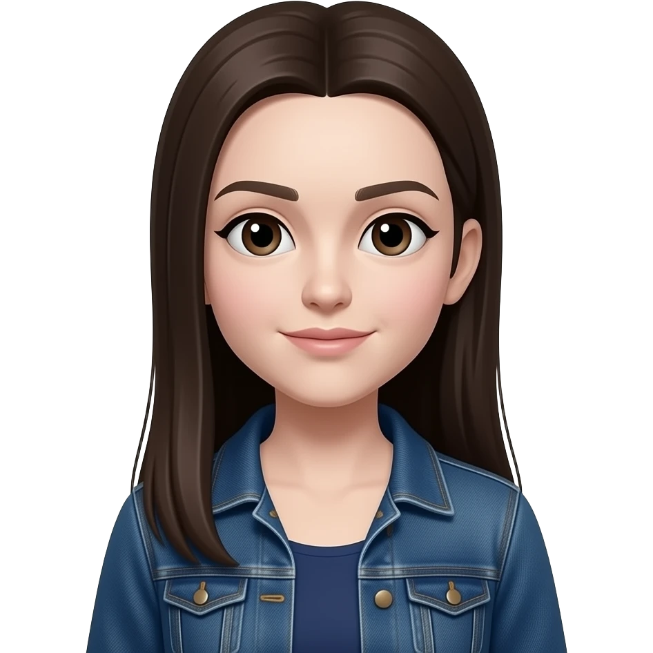 HT - dark brown small eyes, very pale white skin, widows peak, dark brown long straight hair, dark blue dress, denim jacket emoji