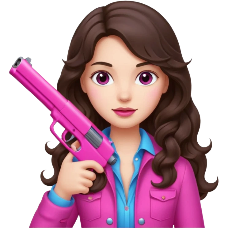 brunette girl with long wavy hair holding a hot pink gun emoji