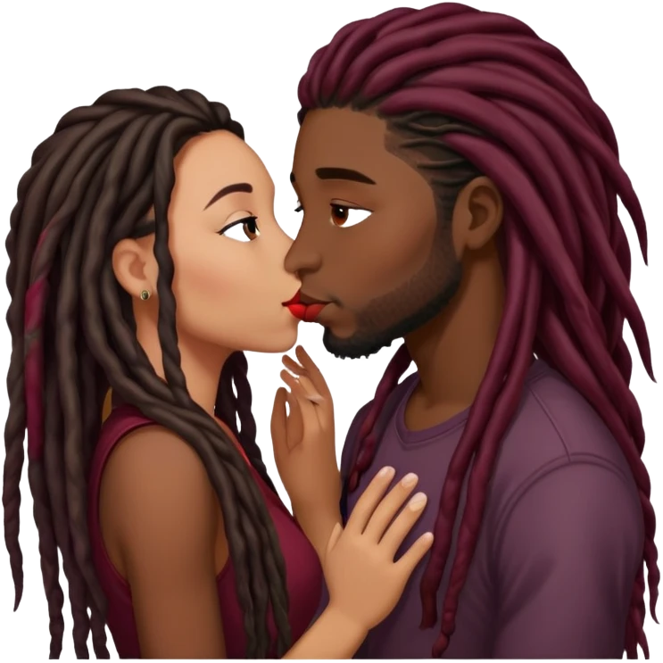 Dark Wine colored hair Latina long hair, kissing young black guy with dreads emoji