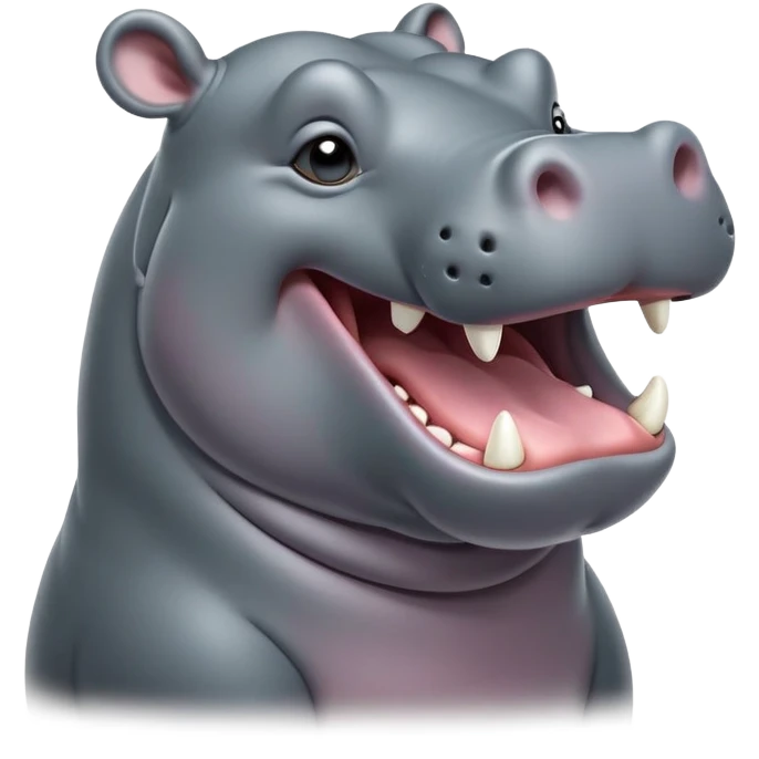 cinematic-noble-yawning hippo-portrait-emoji,-poised-and-regal,-with-a-massive,-robust-build-and-a-smooth,-sleek-slate-gray-hide,-deep-set-soulful-eyes,-simplified-yet-sharp-and-sophisticated-features,-highly-detailed,-glowing-with-a-soft radiance, mouth open wide exposing teeth emoji